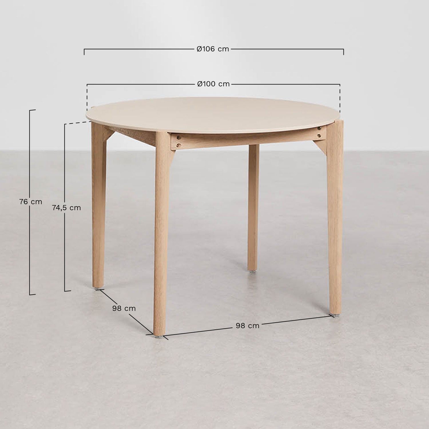 Set aus rundem Tisch Ø100 cm aus Zement Xajul und 4 Gartenstühlen aus Akazienholz und synthetischem Rattan Ginara, MA&szlig;E