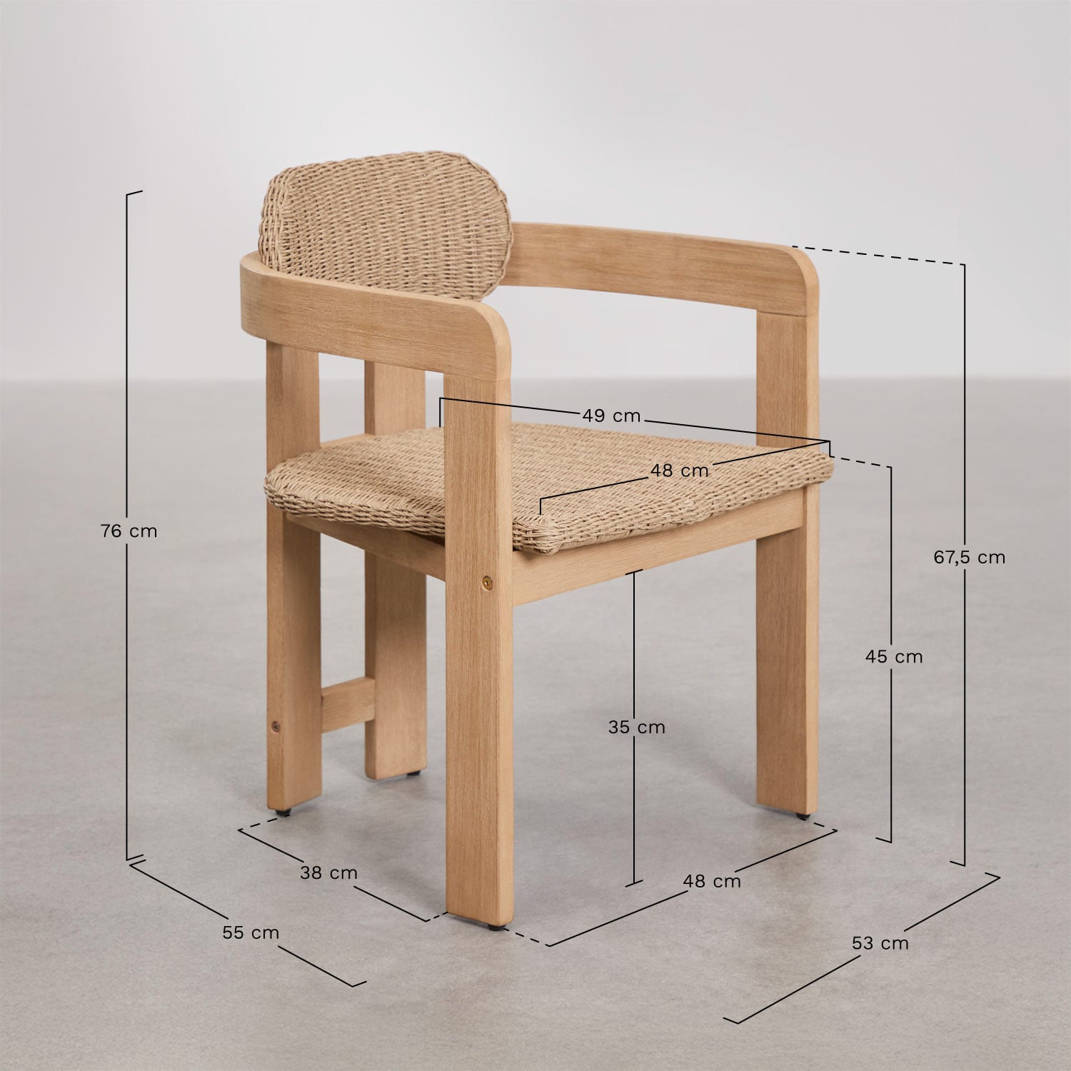 Set aus rundem Tisch Ø100 cm aus Zement Xajul und 4 Gartenstühlen aus Akazienholz und synthetischem Rattan Ginara, MA&szlig;E