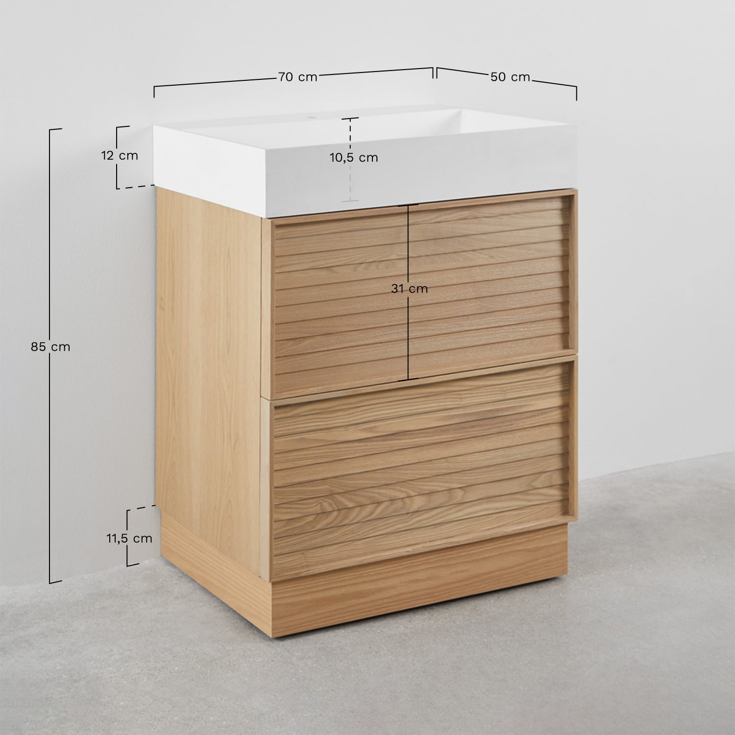 Badezimmermöbel-Set 70x50 cm aus Holz mit integriertem Waschbecken Jolene, MA&szlig;E