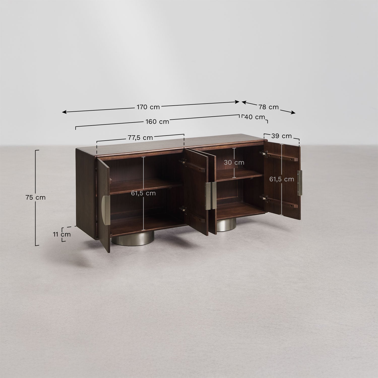 Rechteckiger Sideboard 160x40 cm aus Mangoholz und Edelstahl Melisand, MA&szlig;E