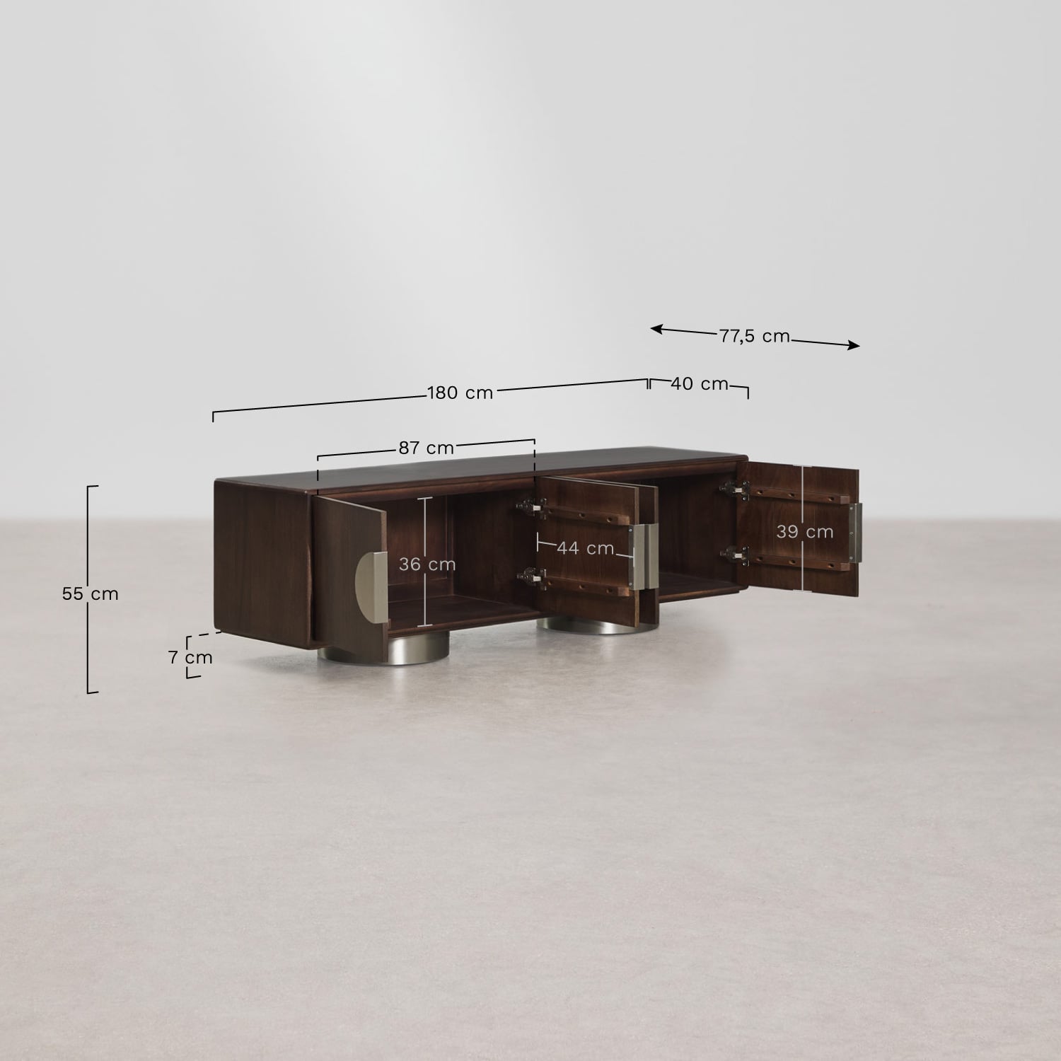 TV-Möbel 180x40 cm aus Mangoholz und Edelstahl Melisand, MA&szlig;E