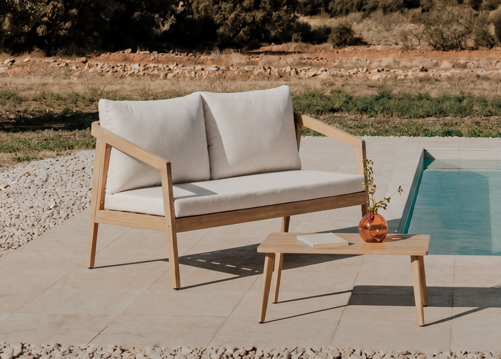 2-Sitzer Garten-Sofa aus Akazienholz Kaela - Stofffarbe Gardenia Weiß