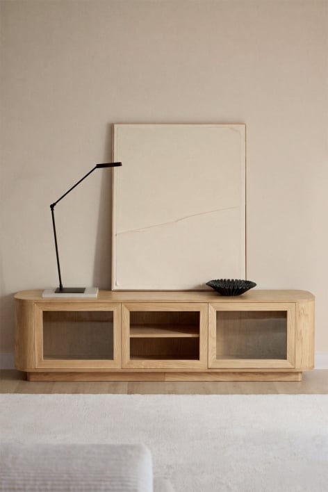 TV-Lowboard 180x40 cm aus MDF in Eiche-Braun und Sicherheitsglas Walia