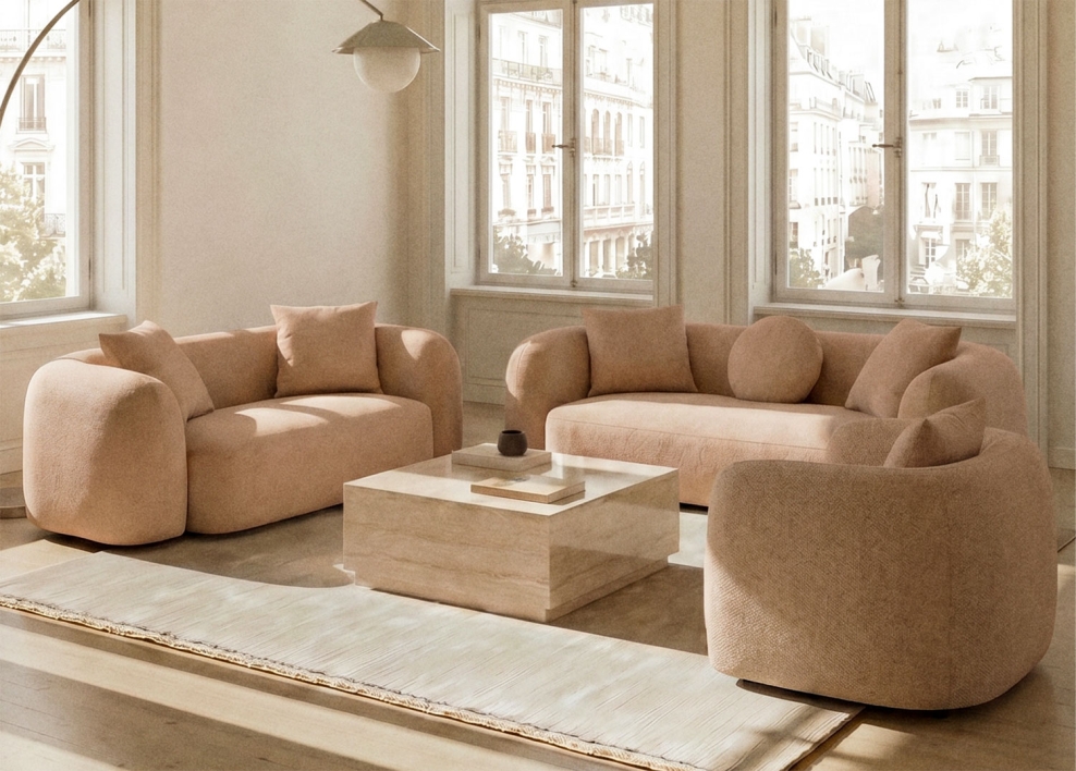 Wohnzimmerset mit 3-Sitzer-Modulsofa, 2-Sitzer-Sofa und Sessel aus Chenille Coco - Latte Brown Dicker Chenille