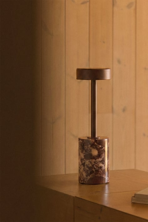 Kabellose LED-Tischlampe aus Eisen und Naturstein Arianny - Roter Marmor Cherry Gold