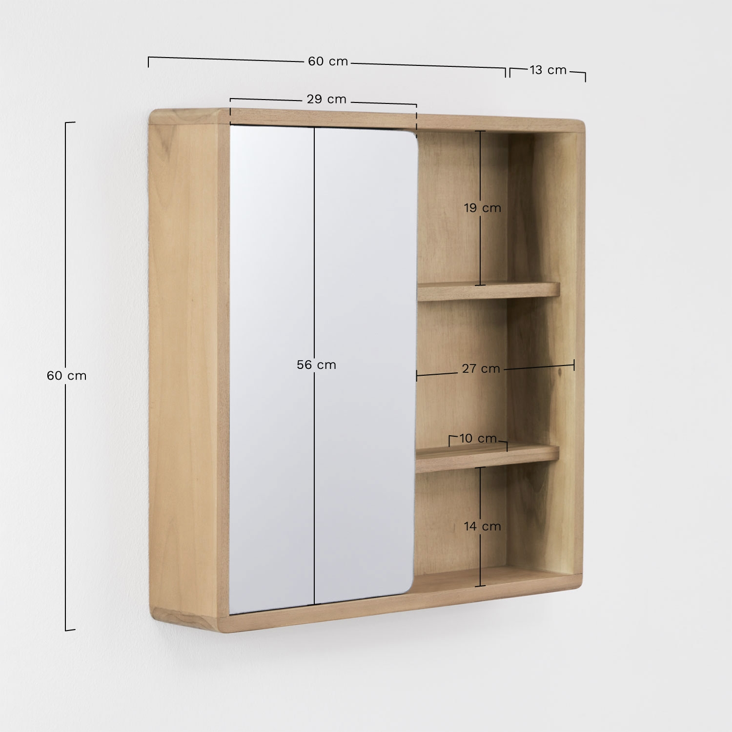Quadratischer Wandschrank 60x60 cm für das Badezimmer aus Teakholz mit Spiegel Ian, MA&szlig;E