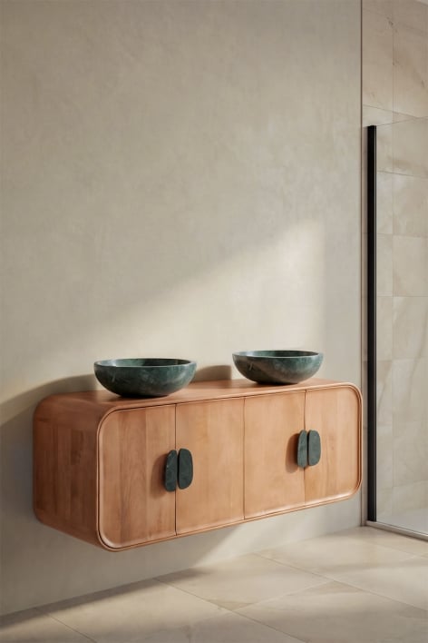 Doppeltes hängendes Badezimmermöbel-Set 130x45 cm aus Mangoholz und natürlichem Kivalina-Stein - Grüner Udaipur-Marmor - Mangoholz