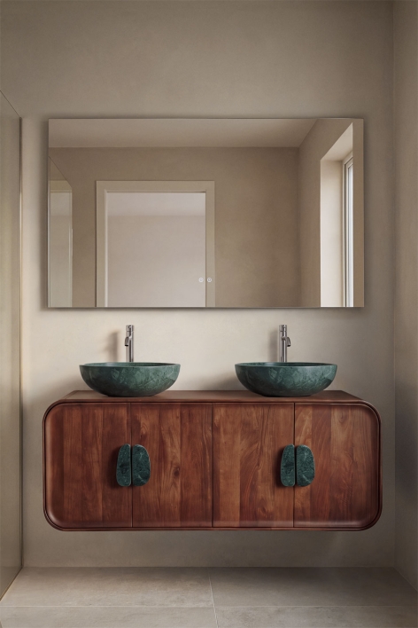 Doppeltes hängendes Badezimmermöbel-Set 130x45 cm aus Mangoholz und natürlichem Kivalina-Stein