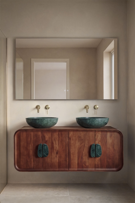 Doppeltes hängendes Badezimmermöbel-Set 130x45 cm aus Mangoholz und natürlichem Kivalina-Stein