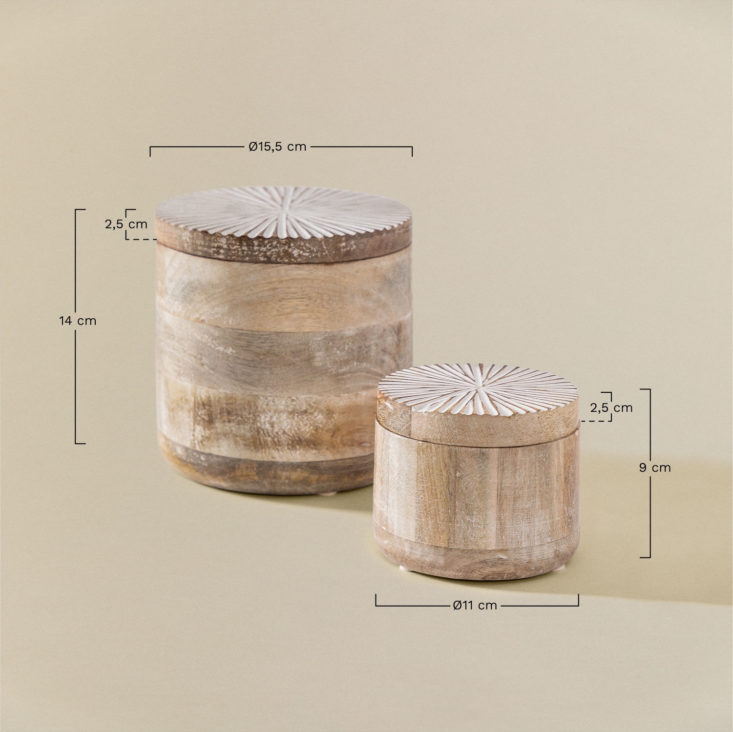 Set aus 2 Dosen aus Mangoholz Nabordi, MA&szlig;E