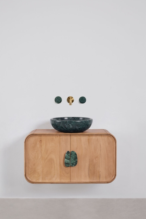 Hängendes Badezimmermöbel-Set 95x45 cm aus Mangoholz und Naturstein Kivalina - Grüner Udaipur-Marmor - Mangoholz