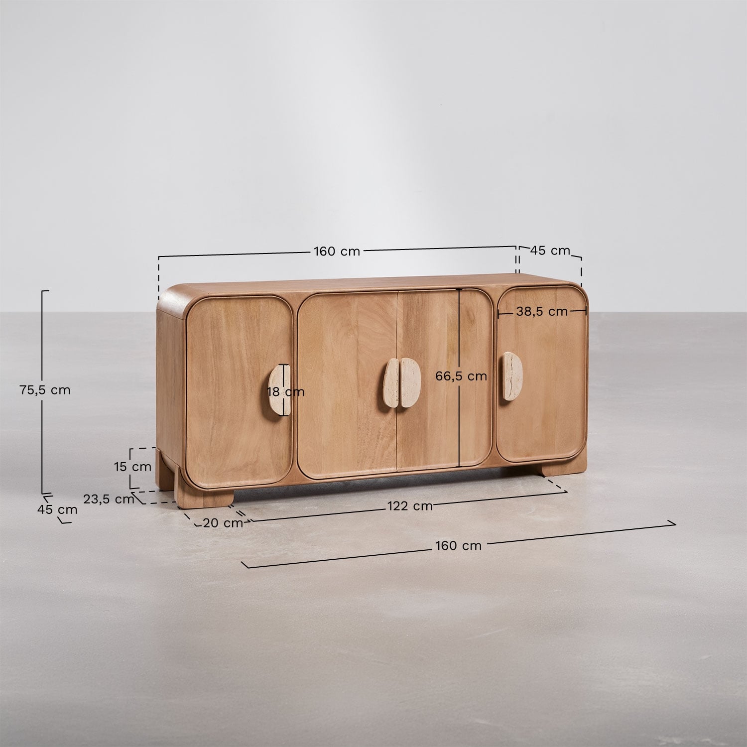 Sideboard 160x45 cm aus Mangoholz und Naturstein Kivalina, MA&szlig;E