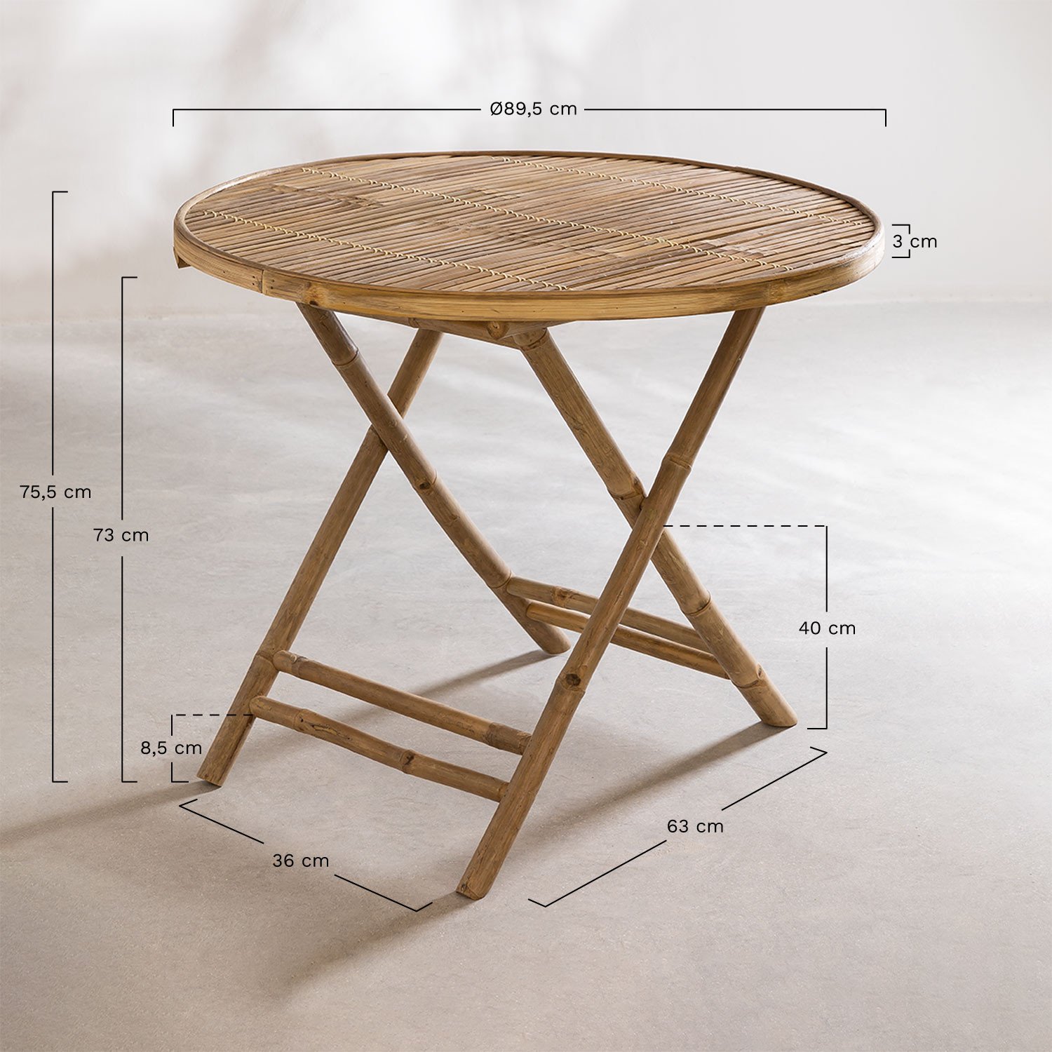 Runder Gartentisch Ø90 cm klappbar aus Bambus Lipe, MAßE
