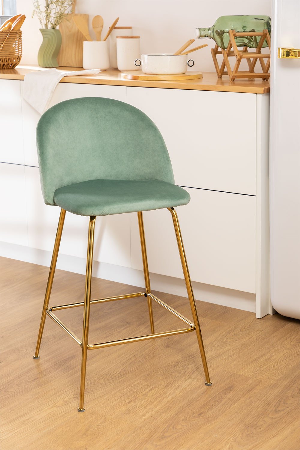 Hoher Hocker 65cm aus Samt grün Tanne mit goldenen Beinen Kana Design, Galeriebild 1