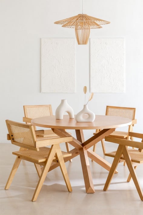Rundes Mieren-Esstisch-Set (Ø120 cm) und 4 Stühle mit Armlehnen im Lali Style aus Eschenholz und Rattan