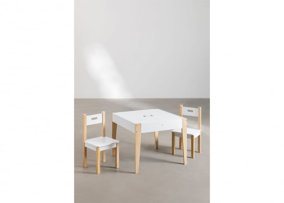 Set aus Tisch mit Maltafel und Stauraum und 2 Stühlen aus Holz Belfy Kids