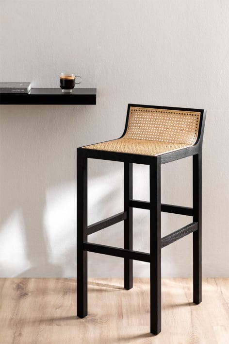 Barhocker 65 cm aus Ulmenholz und Rattan Mikel