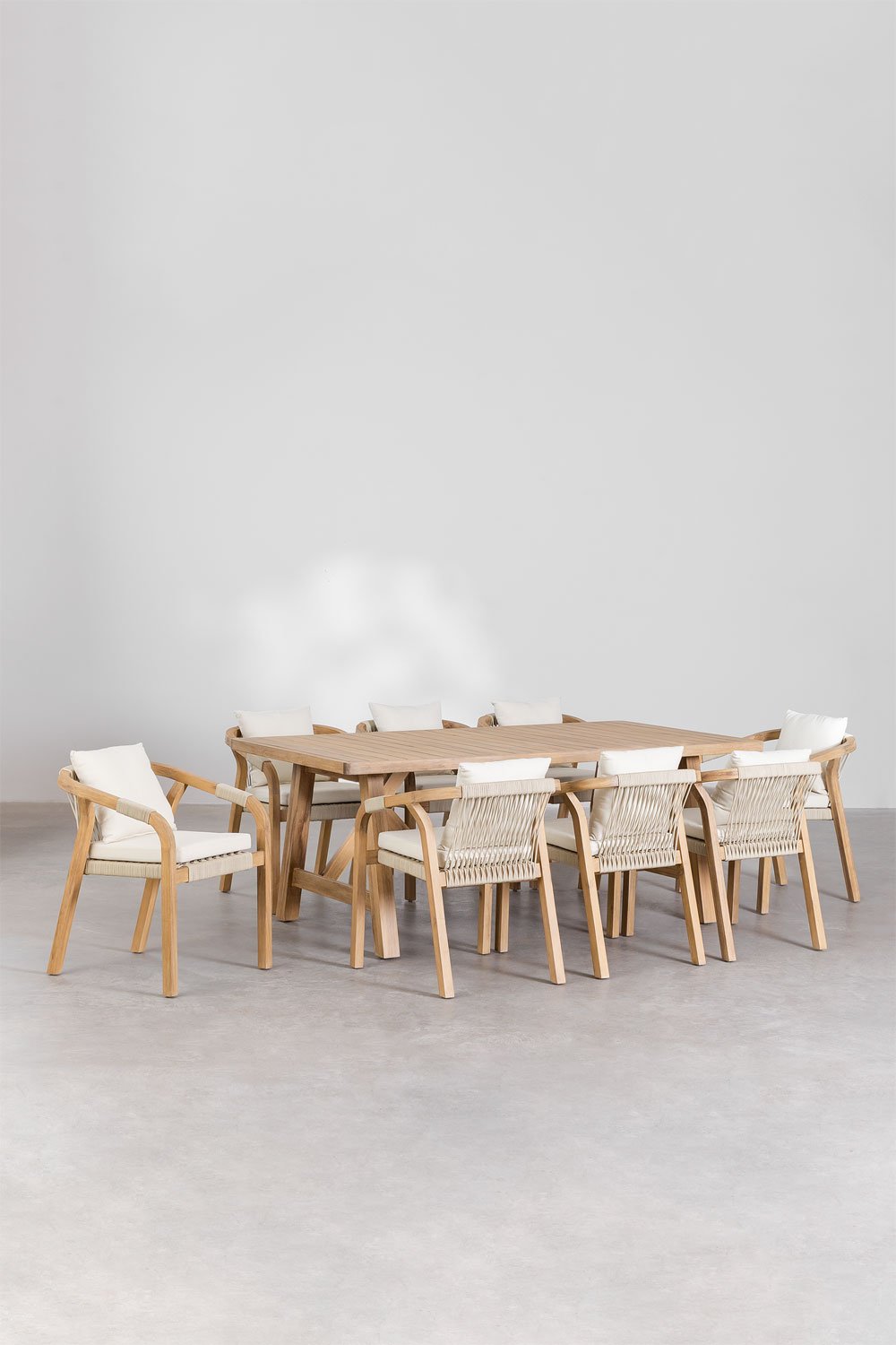 Set aus rechteckigem Tisch (200x100 cm) und 8 Esszimmerstühlen aus Akazienholz Dubai, Galeriebild 1