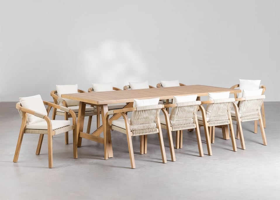 Set aus rechteckigem Tisch (260x100 cm) und 10 Esszimmerstühlen aus Akazienholz Dubai