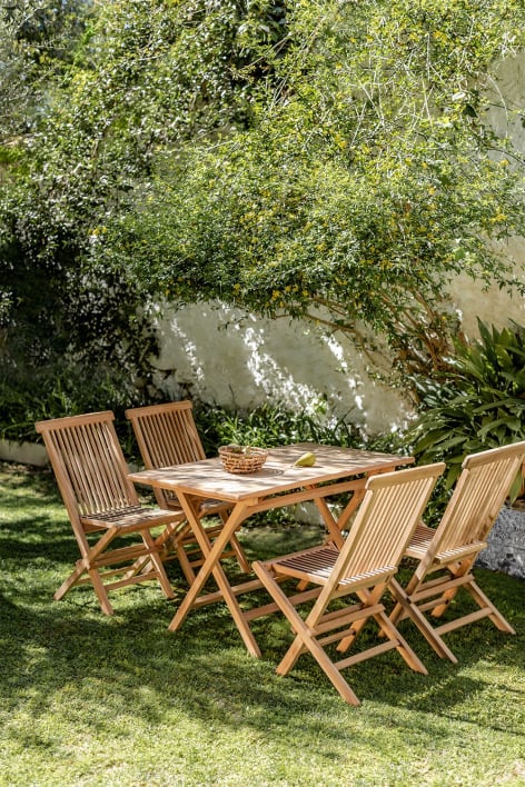 Set aus rechteckigem Tisch (120 x 70 cm) und 4 klappbaren Gartenstühlen aus Pira-Teakholz