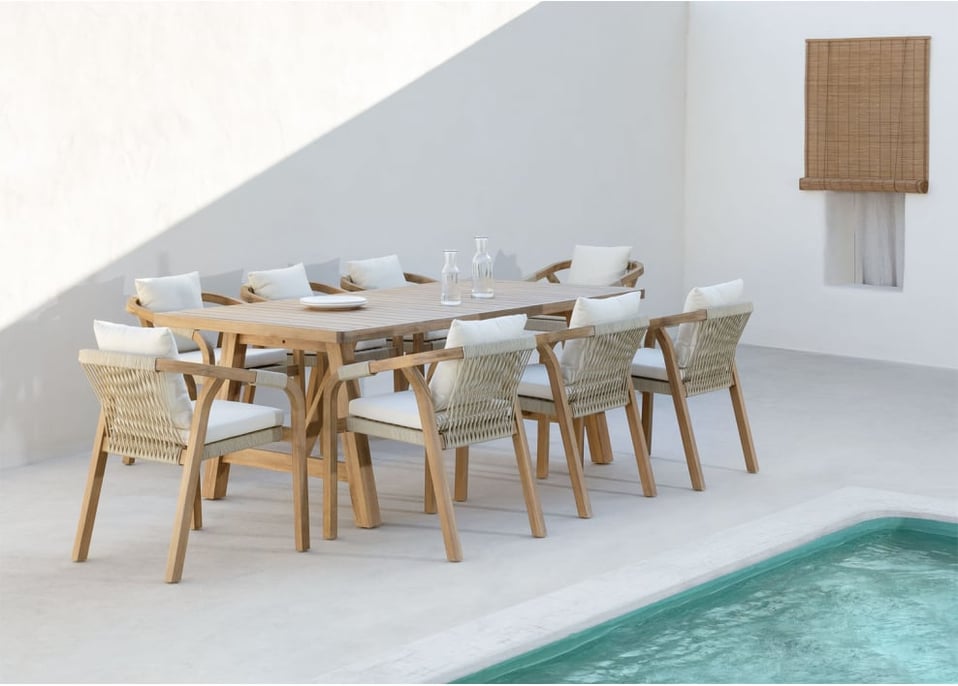 Set aus rechteckigem Tisch (200x100 cm) und 8 Gartenstühlen aus Akazienholz Dubai