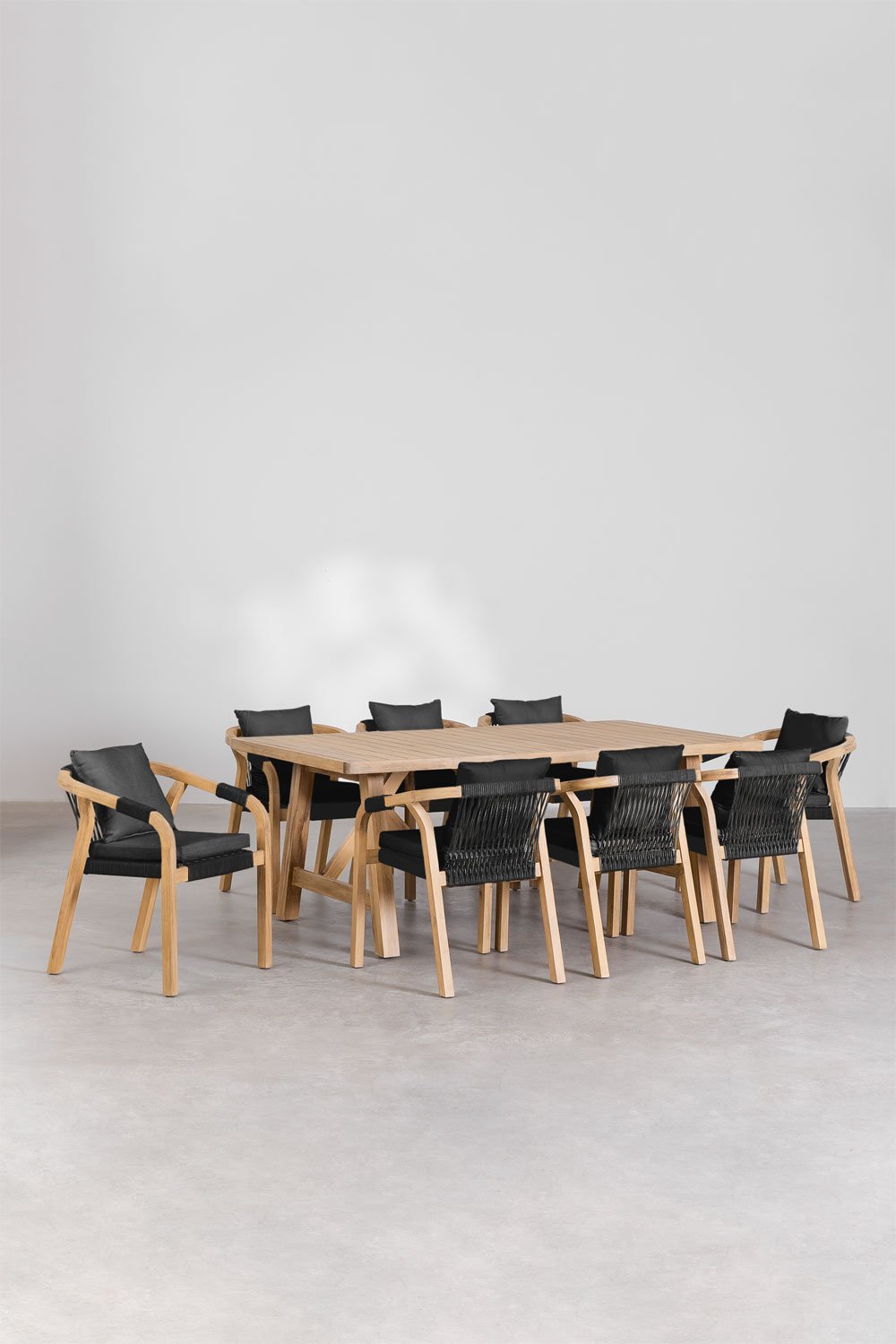 Set aus rechteckigem Tisch (200x100 cm) und 8 Gartenstühlen aus Akazienholz Dubai, Galeriebild 1