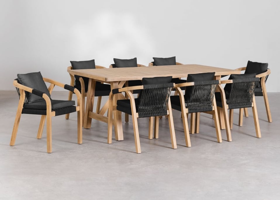 Set aus rechteckigem Tisch (200x100 cm) und 8 Gartenstühlen aus Akazienholz Dubai