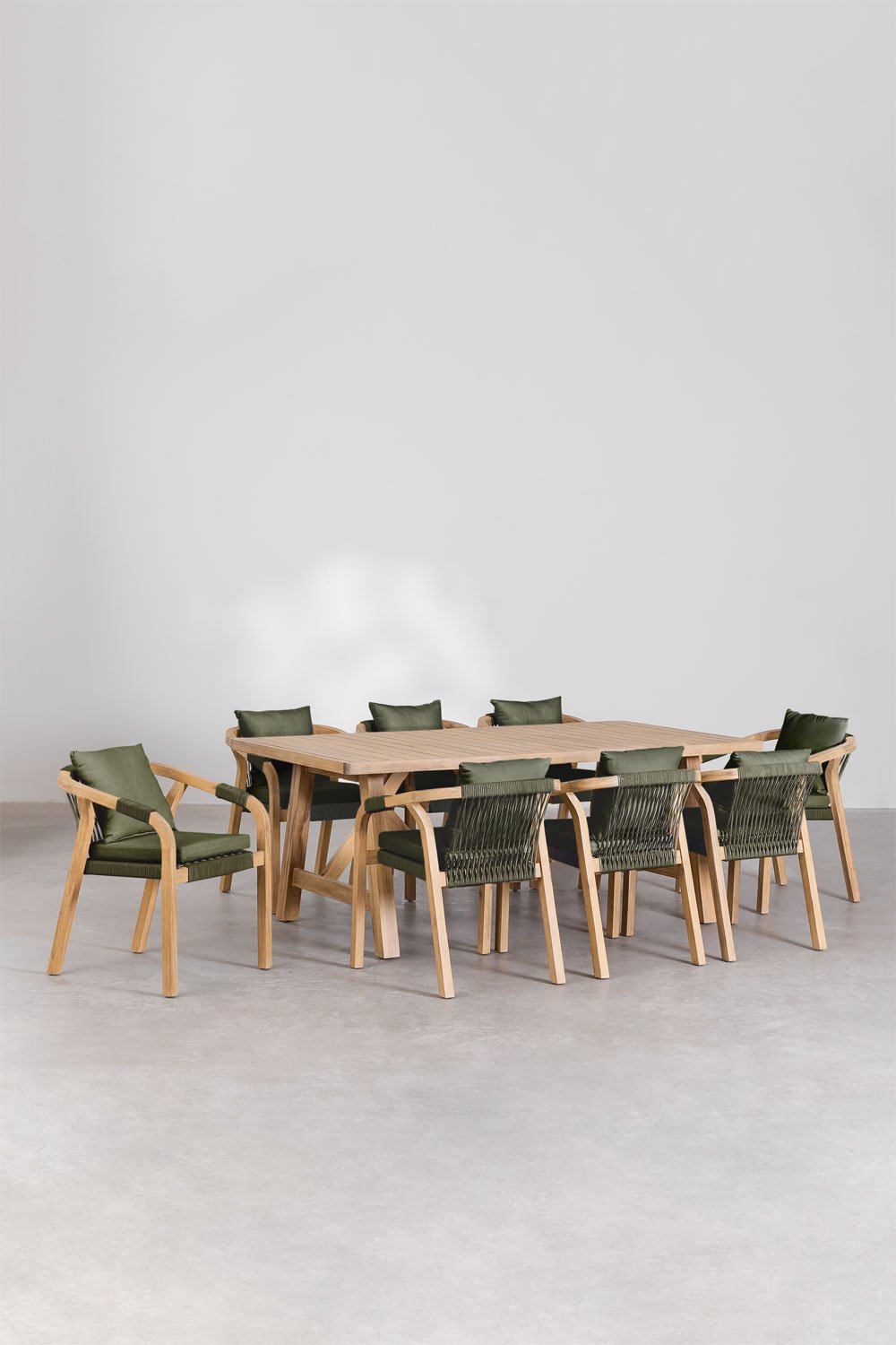 Set aus rechteckigem Tisch (200x100 cm) und 8 Gartenstühlen aus Akazienholz Dubai, Galeriebild 1