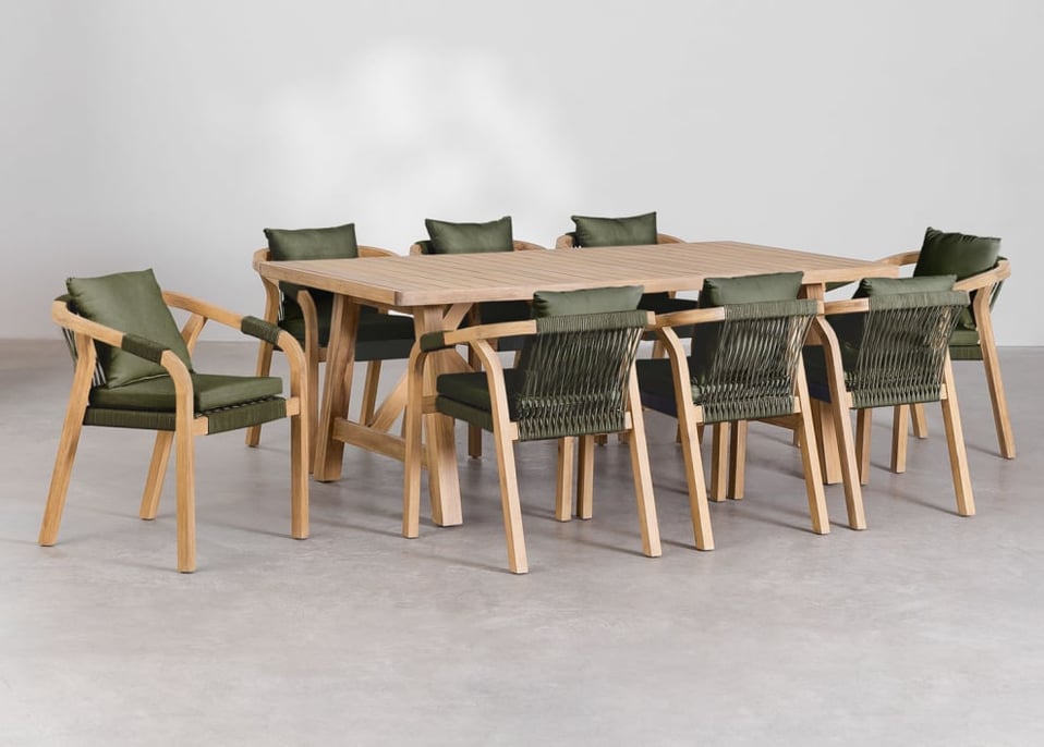 Set aus rechteckigem Tisch (200x100 cm) und 8 Gartenstühlen aus Akazienholz Dubai