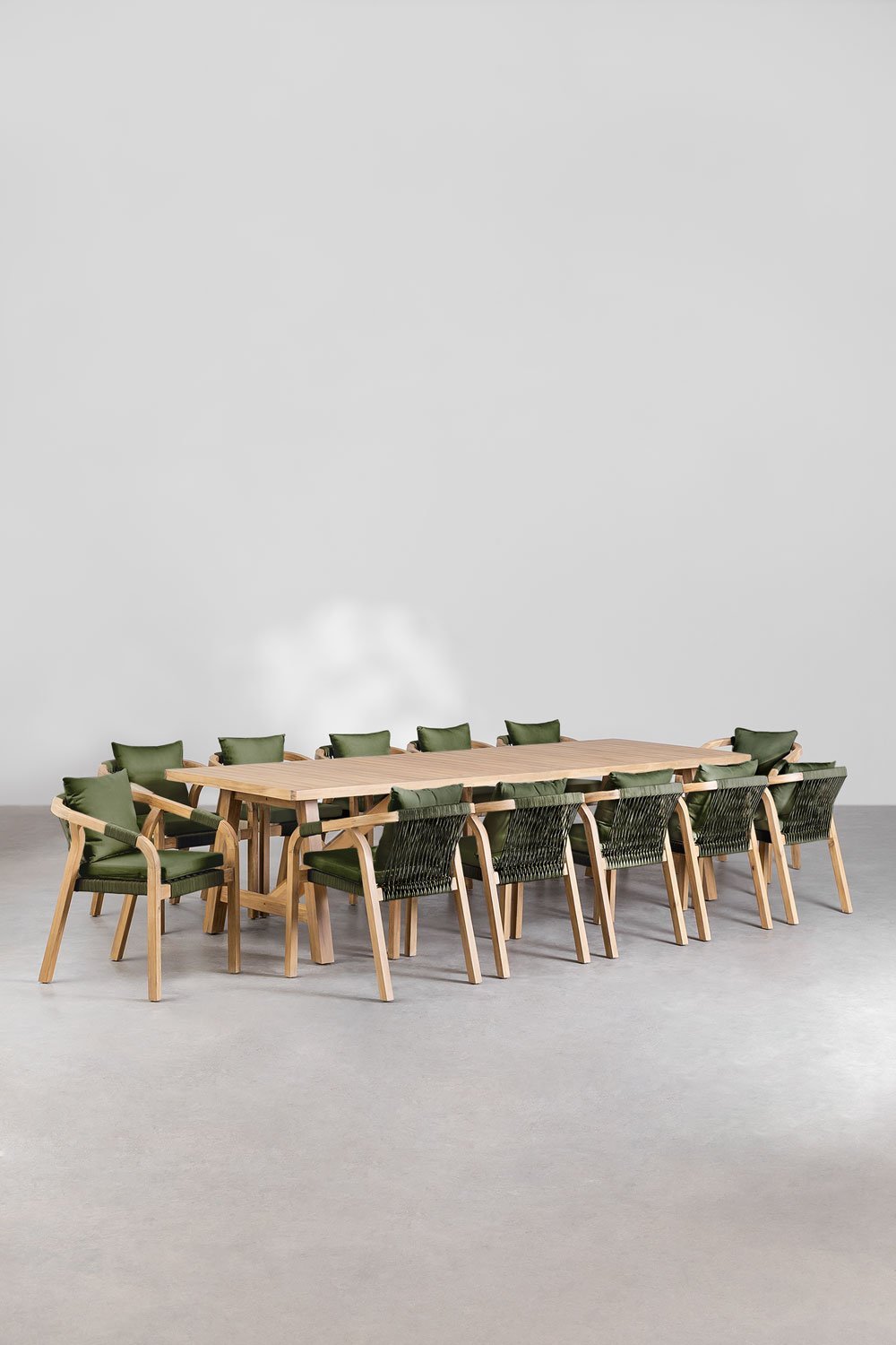 Set aus rechteckigem Tisch (300x100 cm) und 12 Gartenstühlen aus Akazienholz Dubai, Galeriebild 1