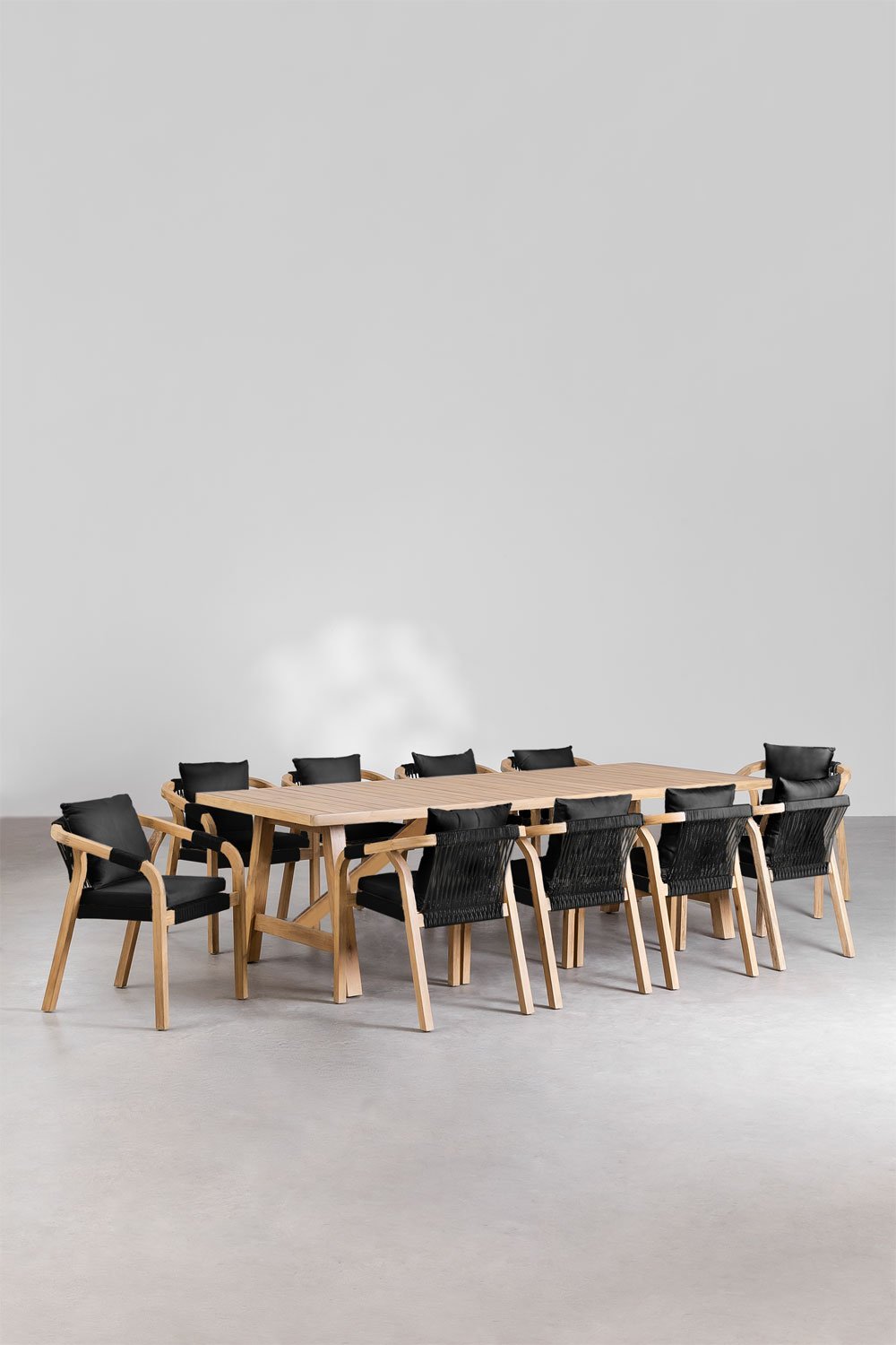 Set aus rechteckigem Tisch (260x100 cm) und 10 Esszimmerstühlen aus Akazienholz Dubai, Galeriebild 1
