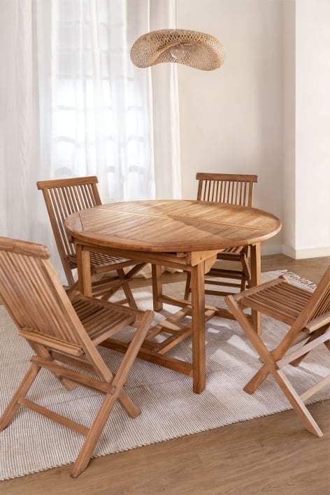 Set aus ausziehbarem Tisch (120–170 x 75 cm) und 4 Klappstühlen aus Pira-Teakholz