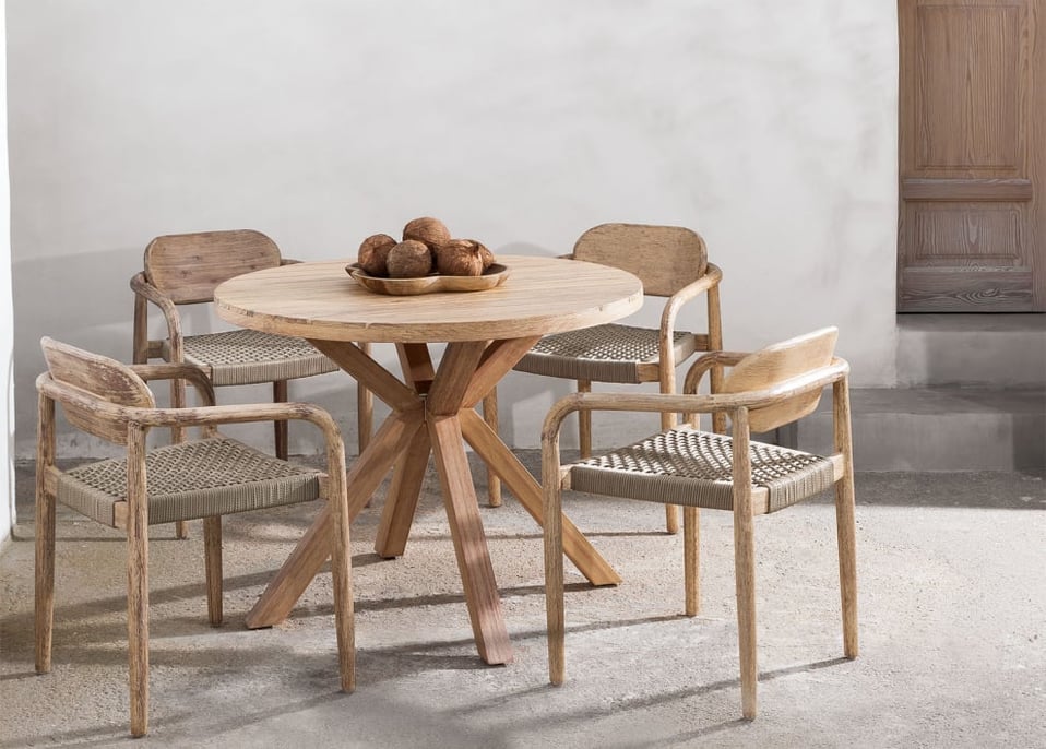 Esszimmergarnitur mit rundem Tisch (Ø 100 cm) und 4 Stühlen aus Holz mit Armlehnen Naele