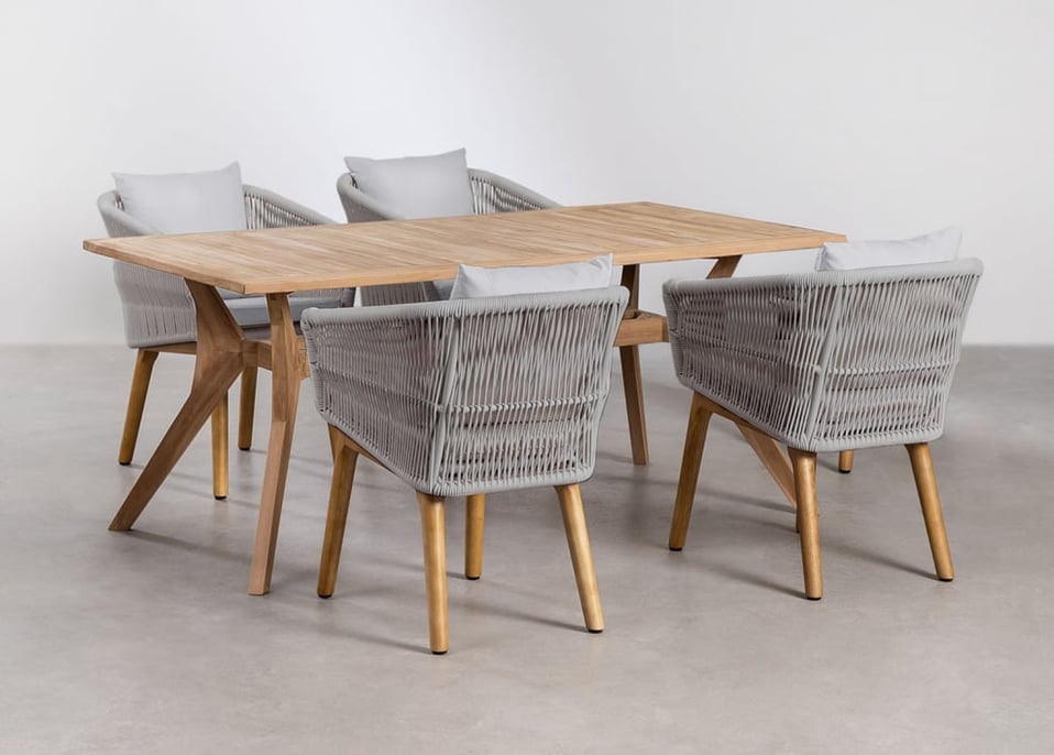 Set mit rechteckigem Tisch aus Teakholz Yolen (180 x 90 cm) und 4 Esszimmerstühlen Barker