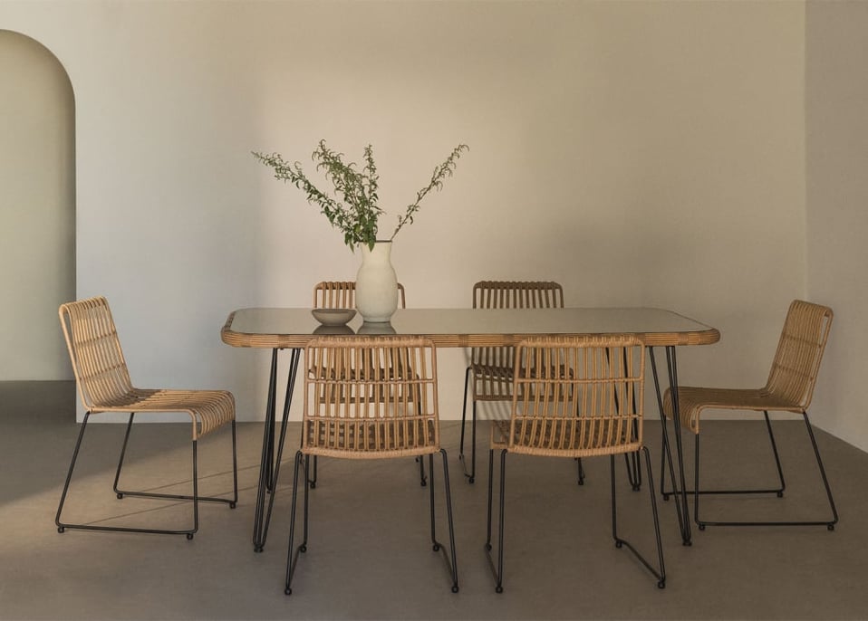 Set aus rechteckigem Tisch aus synthetischem Korbgeflecht (180 x 90 cm) Leribert und 6 Esszimmerstühlen aus synthetischem Rattan