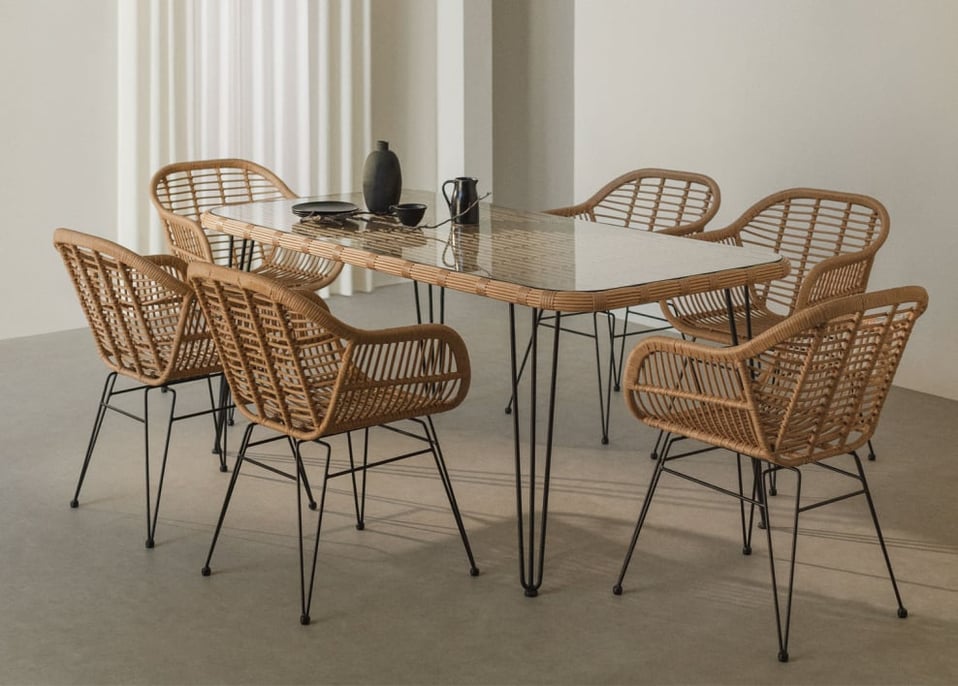 Set aus rechteckigem Tisch aus synthetischem Korbgeflecht (180 x 90 cm) Leribert und 6 Esszimmerstühlen aus synthetischem Rattan