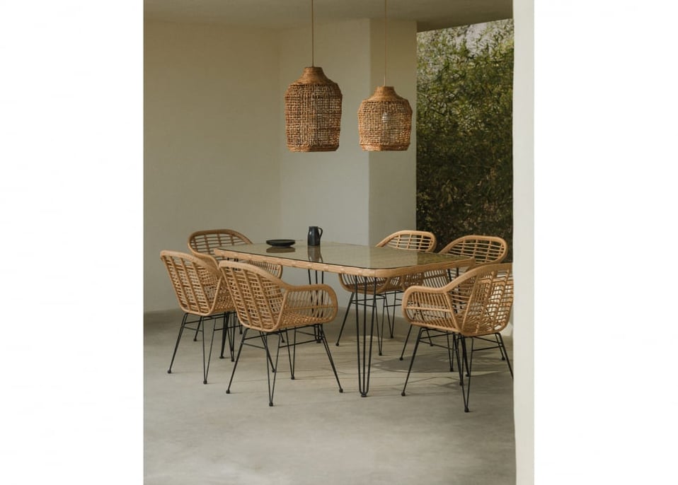 Set aus rechteckigem Tisch aus synthetischem Korbgeflecht (180 x 90 cm) Leribert und 6 Gartenstühlen aus synthetischem Rattan Zo