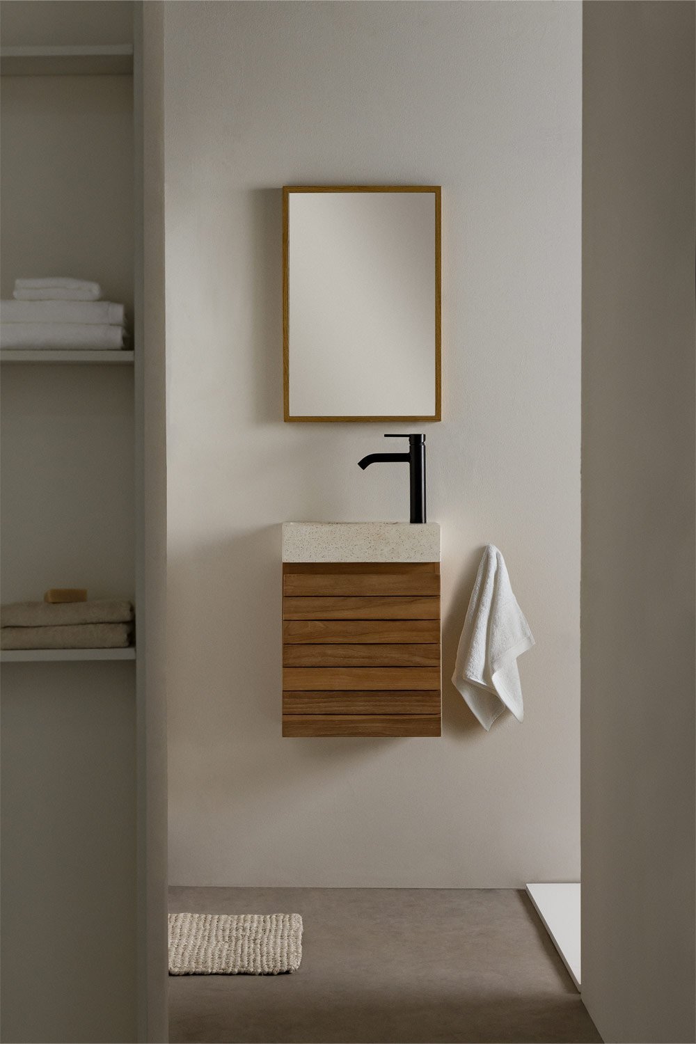 Badezimmermöbel aus Teakholz mit Waschbecken aus Napier-Zement, Galeriebild 1
