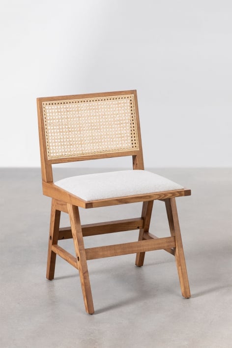 Packung mit 2 Esszimmerstühlen aus Eschenholz und Rattan, gepolstert, Lali