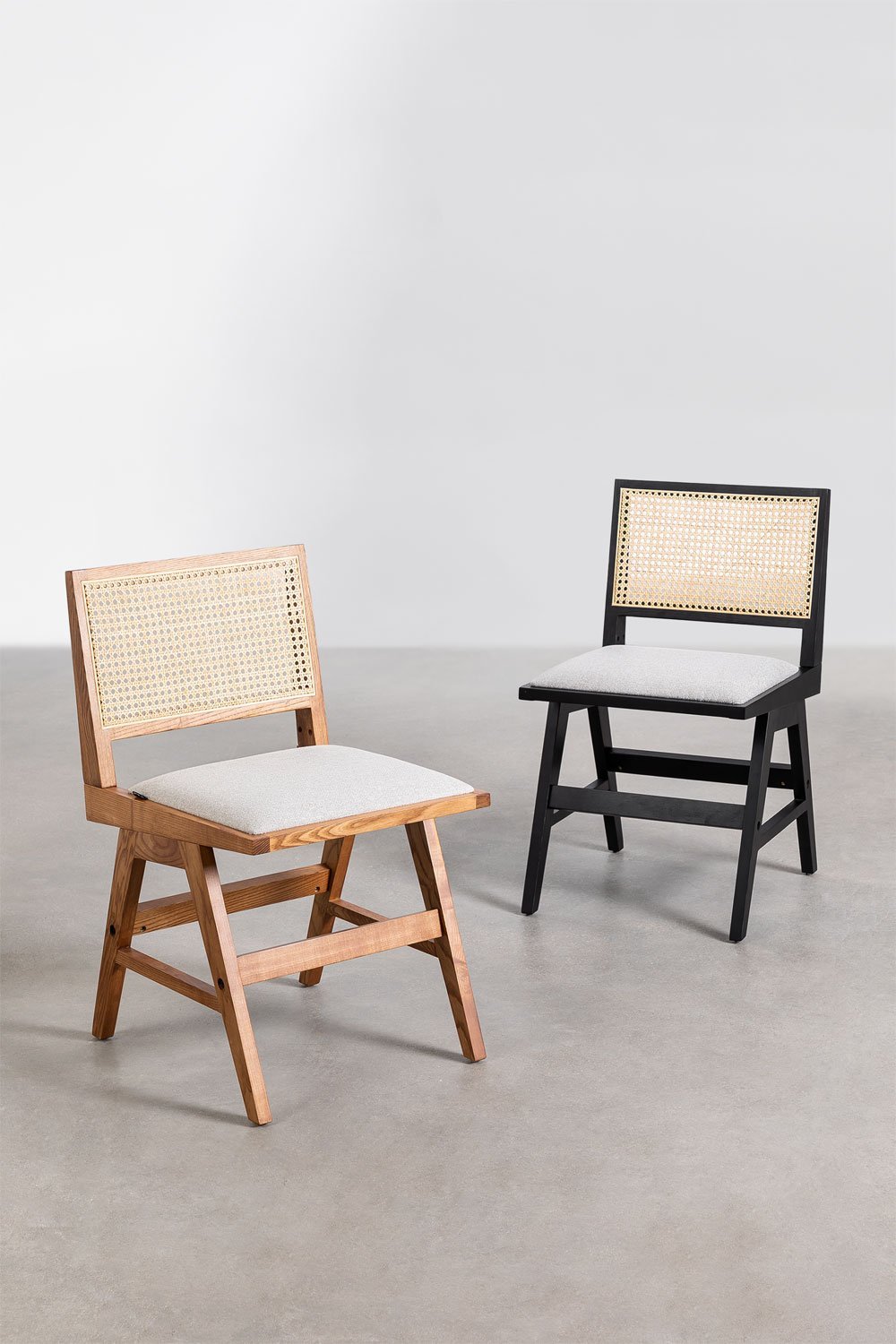 Packung mit 2 Esszimmerstühlen aus Eschenholz und Rattan, gepolstert, Lali, Galeriebild 8
