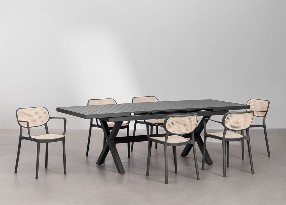 Set ausziehbarer rechteckiger Tisch 180-240x90 cm Karena und 6 Gartenstühle mit Armlehnen aus Aluminium Omara