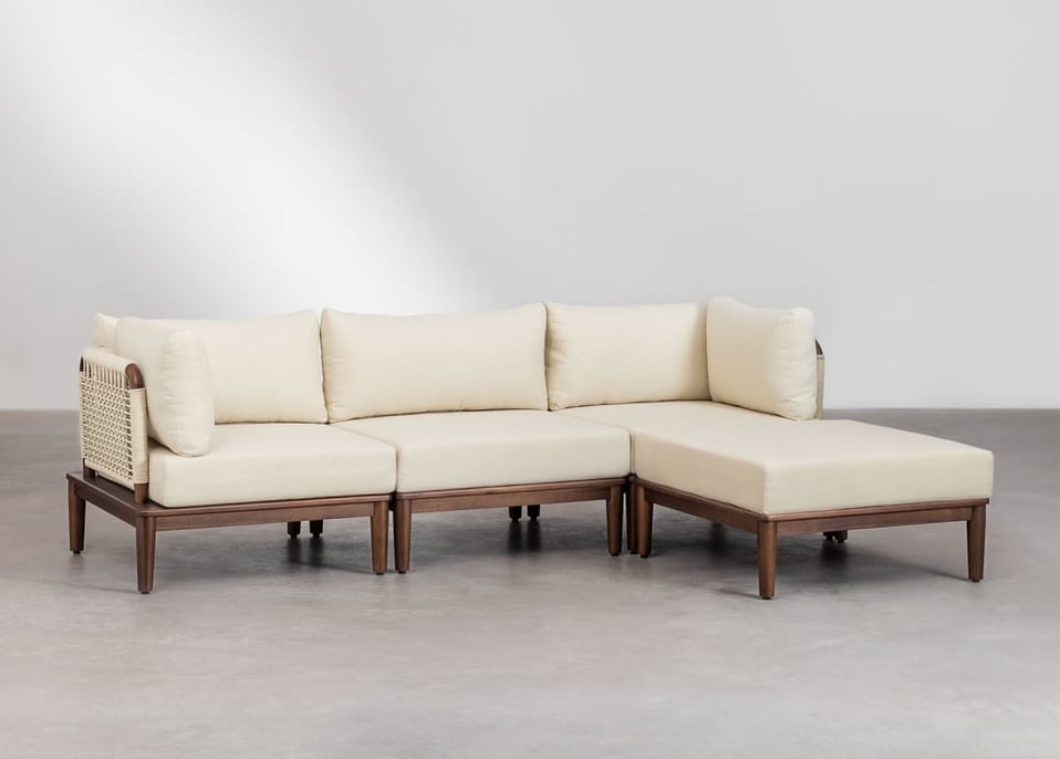 3-teiliges modulares Sofa mit 2 Ecksesseln und Puff aus Akazienholz Giulia