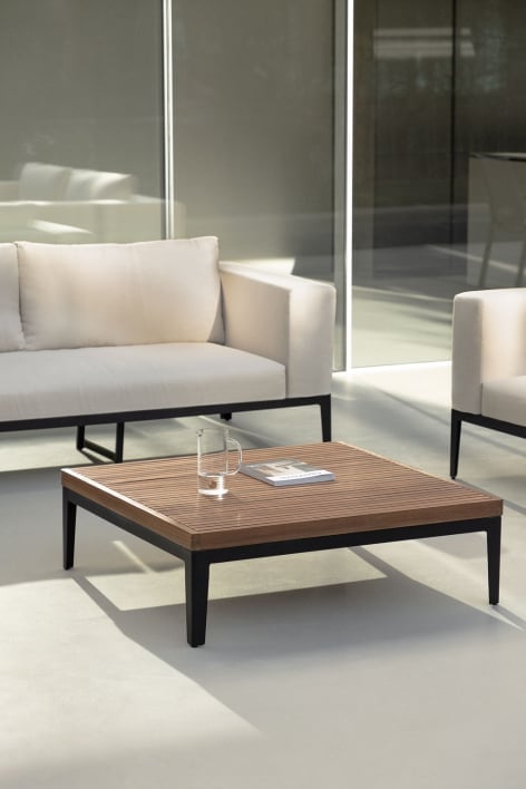Quadratischer Gartencouchtisch 100x100 cm aus Aluminium und Akazienholz Taranis