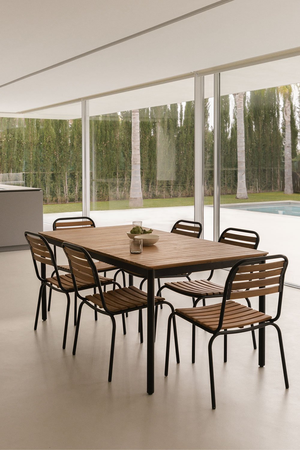 Rechteckiges Tischset (160 x 90 cm) und 6 stapelbare Esszimmerstühle aus Stahl und Artus-Akazienholz, Galeriebild 1