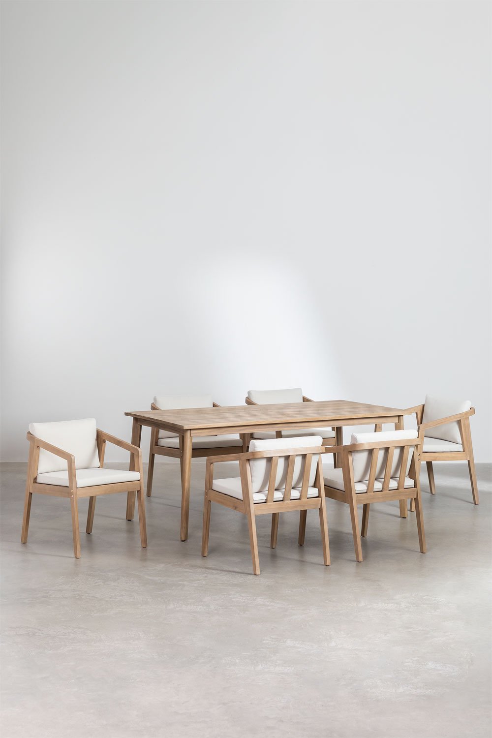 Kaela-Set mit rechteckigem Tisch (180 x 90 cm) und 6 Esszimmerstühlen aus Akazienholz, Galeriebild 2