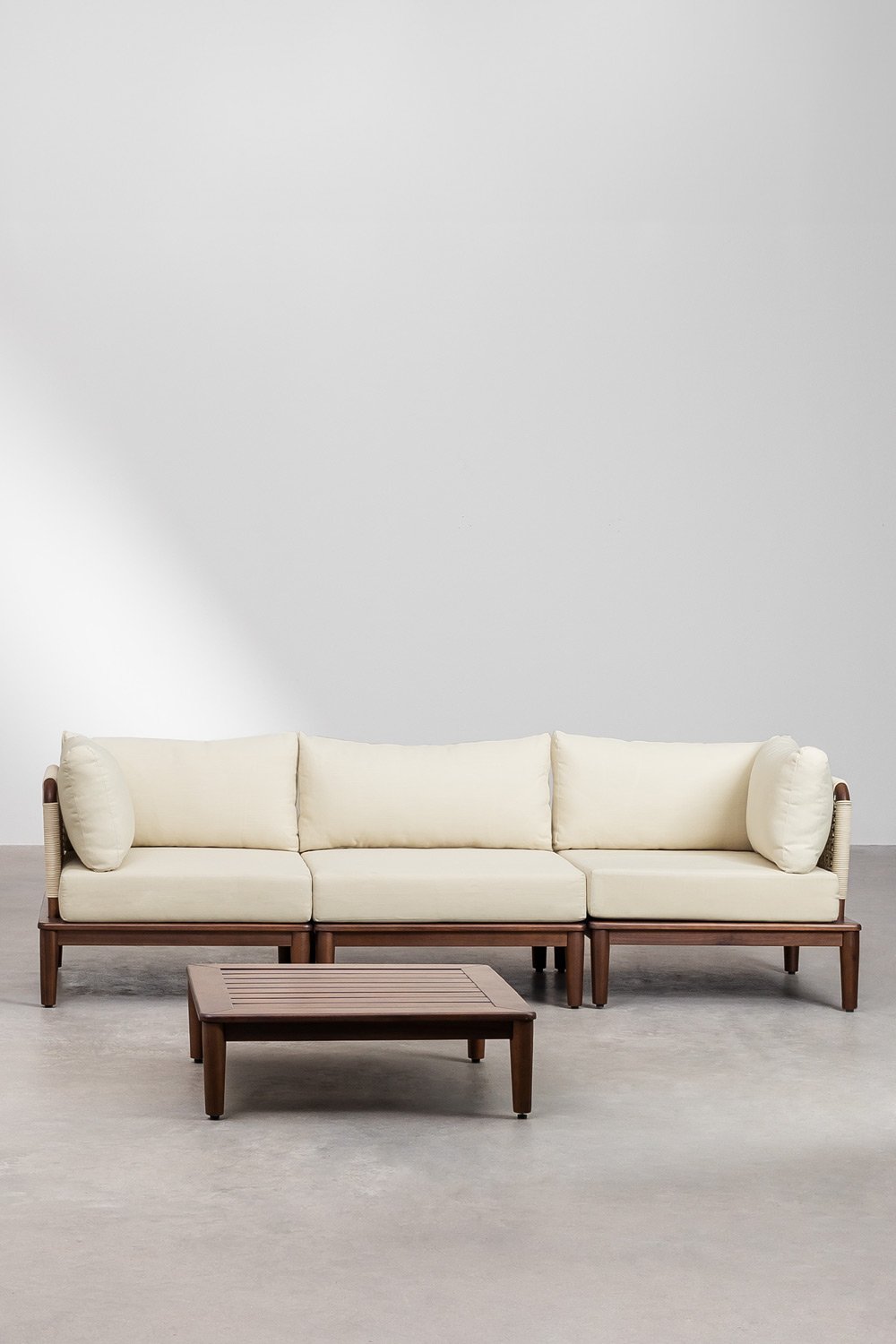 3-teiliges modulares Sofa mit 2 Ecksesseln und Couchtisch aus Akazienholz Giulia, Galeriebild 2