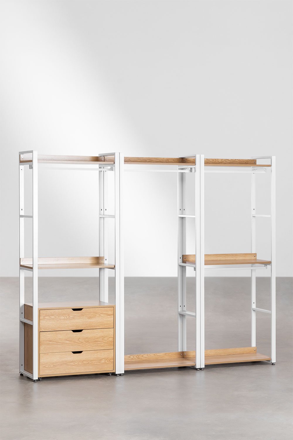 3-teiliger offener modularer Kleiderschrank mit Schubladen aus Stahl und Holz Ariaster, Galeriebild 2