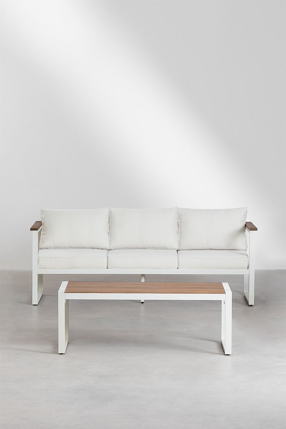 3-Sitzer-Sofa- und Couchtisch-Set für den Garten aus Aluminium und Akazienholz (110 x 55 cm) Lipov, Galeriebild 2