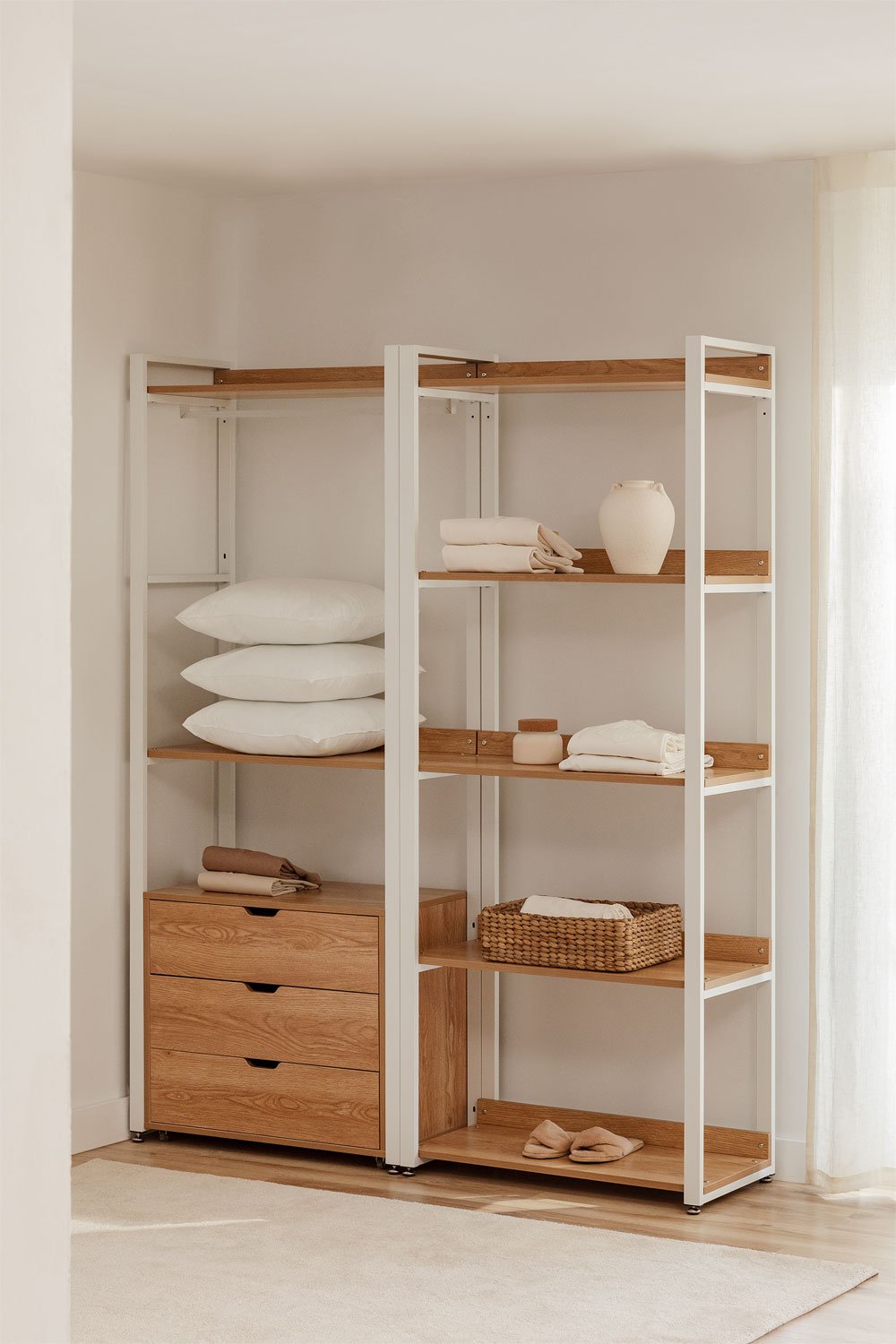 2-teiliger offener modularer Kleiderschrank mit Schubladen und Regalen aus Stahl und Holz Ariaster, Galeriebild 1