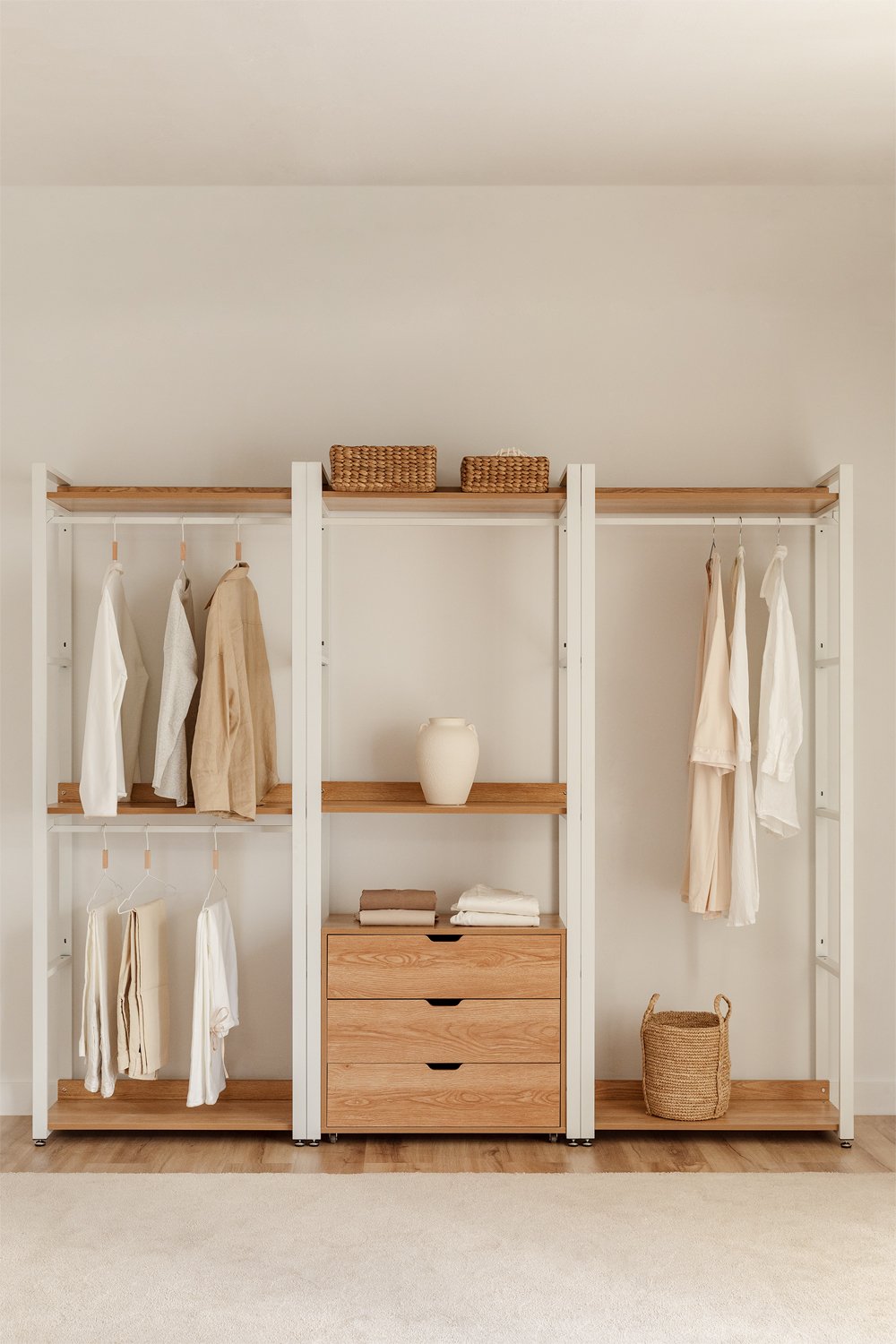 3-teiliger offener modularer Kleiderschrank mit Schubladen aus Stahl und Holz Ariaster, Galeriebild 1